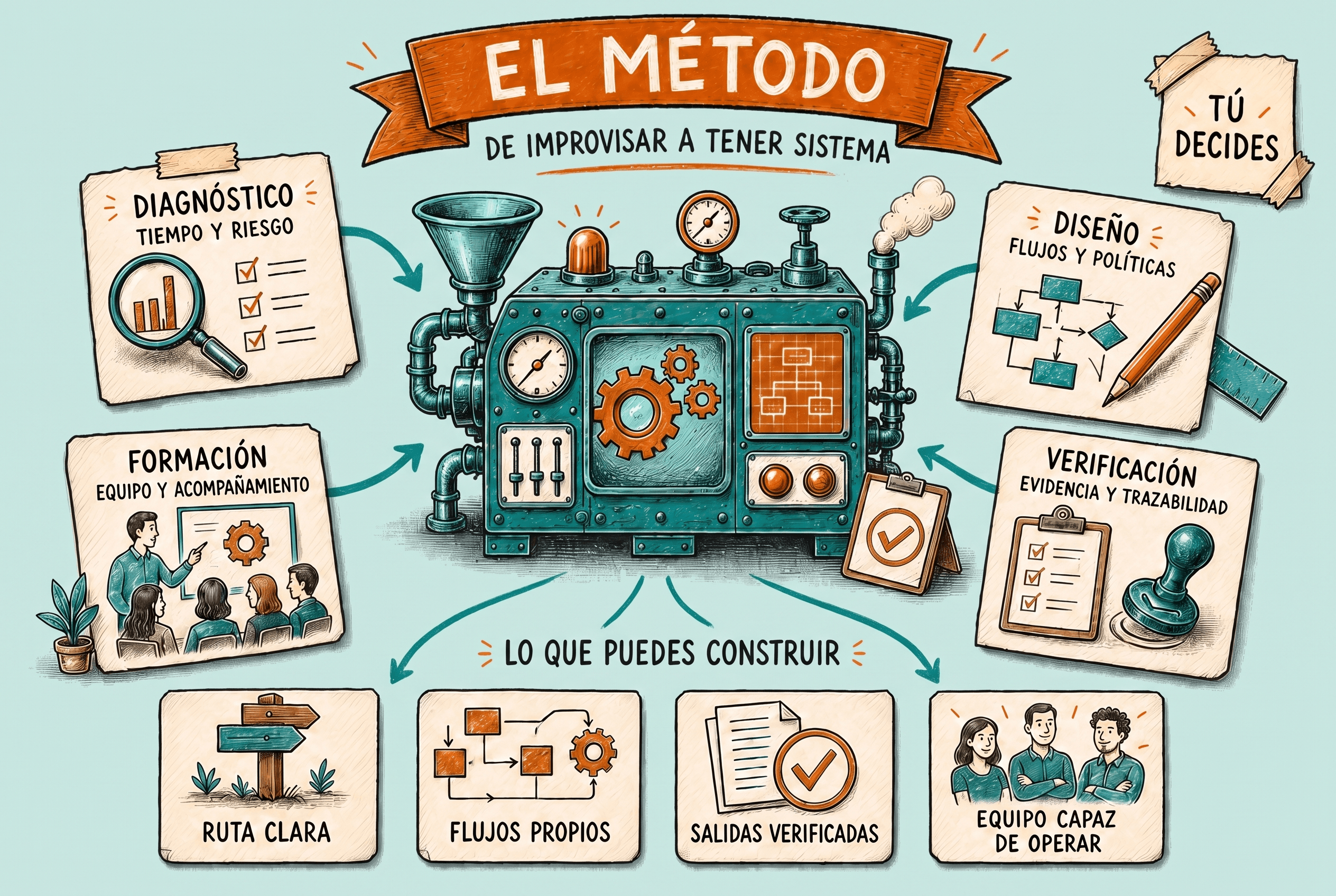 Diagrama del método: diagnóstico, diseño, verificación y formación alimentan un sistema del que surgen una ruta clara, flujos propios, salidas verificadas y un equipo capaz de operar.