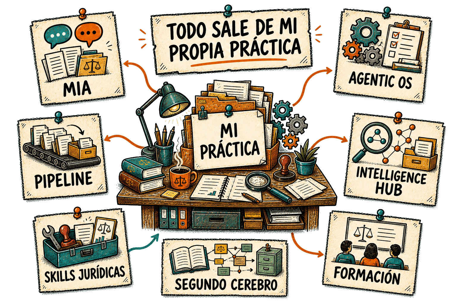 Diagrama: la práctica de Juan Felipe conecta MIA, Agentic OS, Intelligence Hub, Pipeline, skills jurídicas, formación y un segundo cerebro para memoria y contexto.